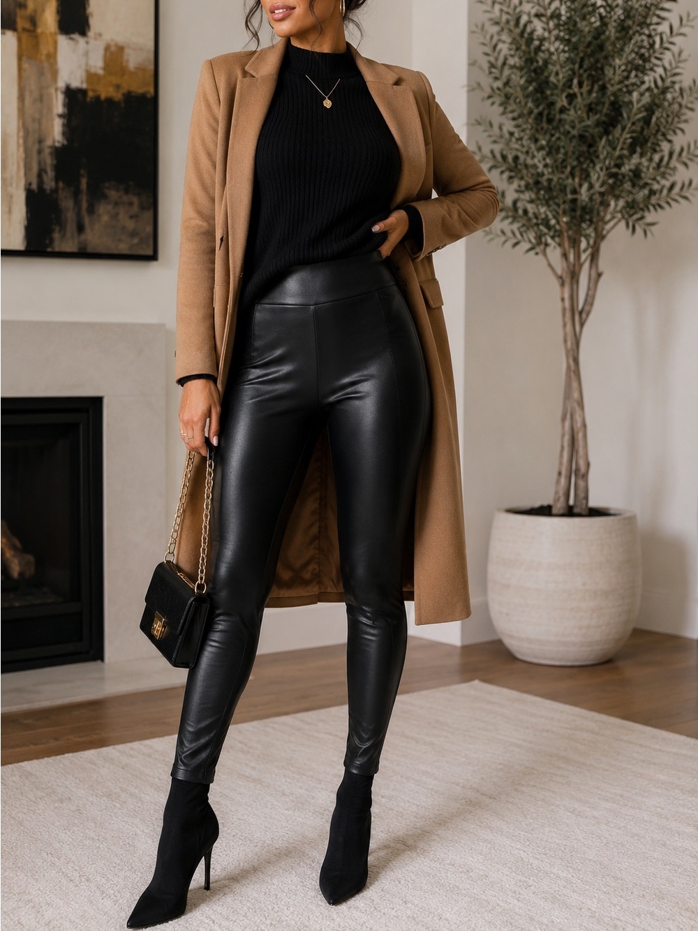 BOLD‎ Elements Faux Leather Front Ponte Knit Back Leggings – Women’s Medium